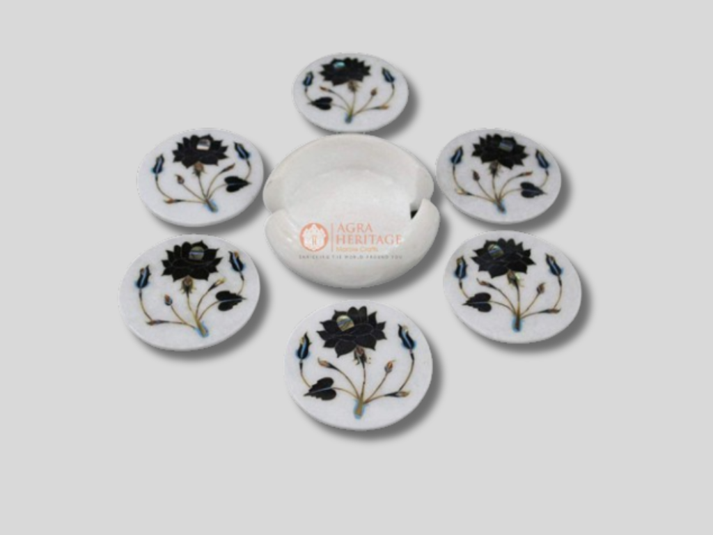 White Marble Coaster Set Pietra Dura Floral Inlaid Art